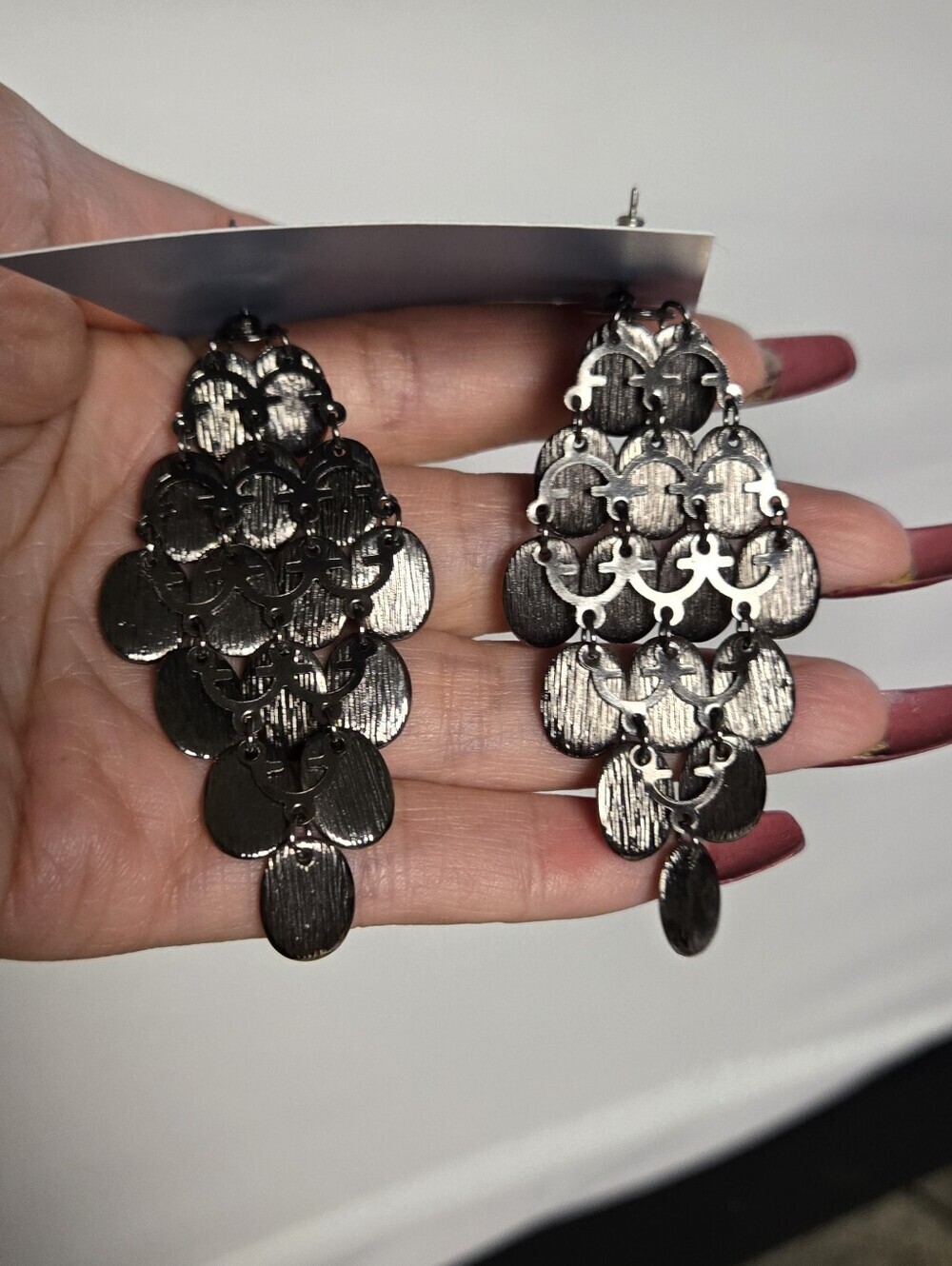 Vintage Black Textured Disc Drop Earrings - Picture 4 of 16